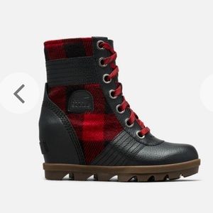 Sorel Lexie wedge ankle boots buffalo plaid